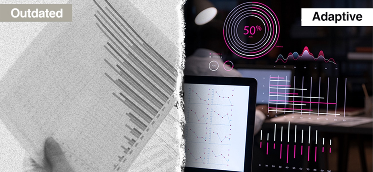 Fixed reports vs. AI-generated dynamic dashboards in business intelligence.