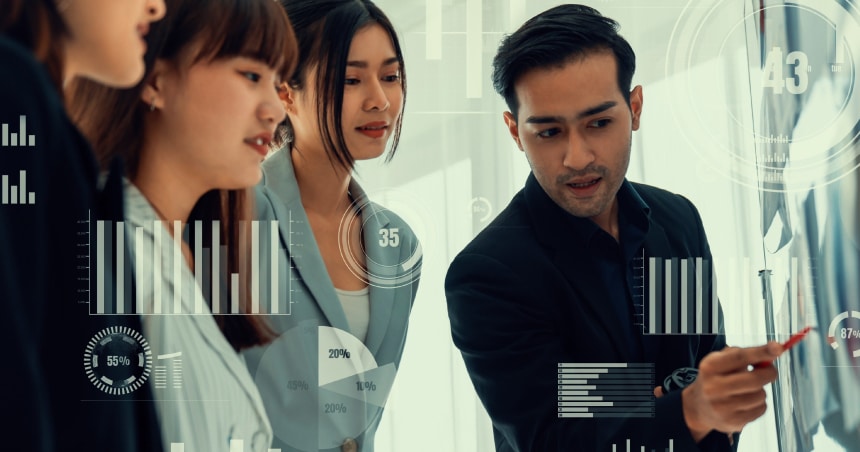 Clusters of diverse buyers with data overlays showing motivations and segments