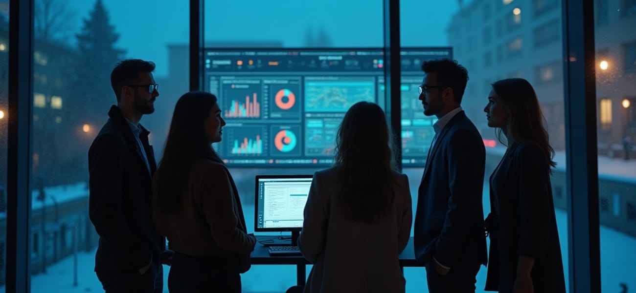 Sales team reviewing an AI analytics dashboard that predicts deal outcomes