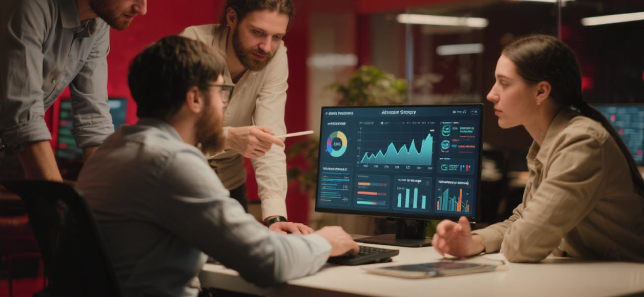 Small business team analyzing market trends, customer data, and AI-driven insights on a digital dashboard to develop a growth strategy