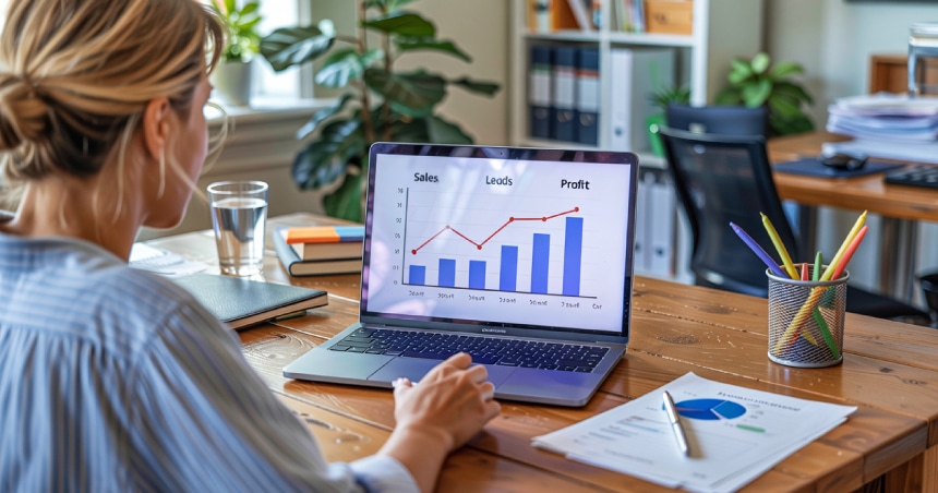 Business dashboard with basic sales and growth metrics on a laptop