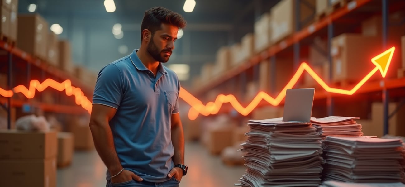 A frustrated factory executive looking at a pile of unused brochures and a laptop showing zero conversions