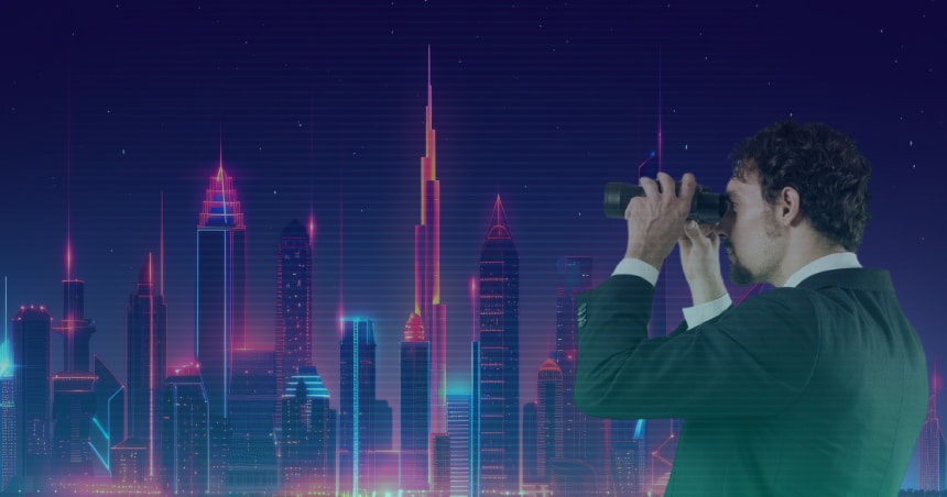 Business executive using binoculars to scan a blurry digital skyline, symbolizing the narrow view of traditional competitor analysis.