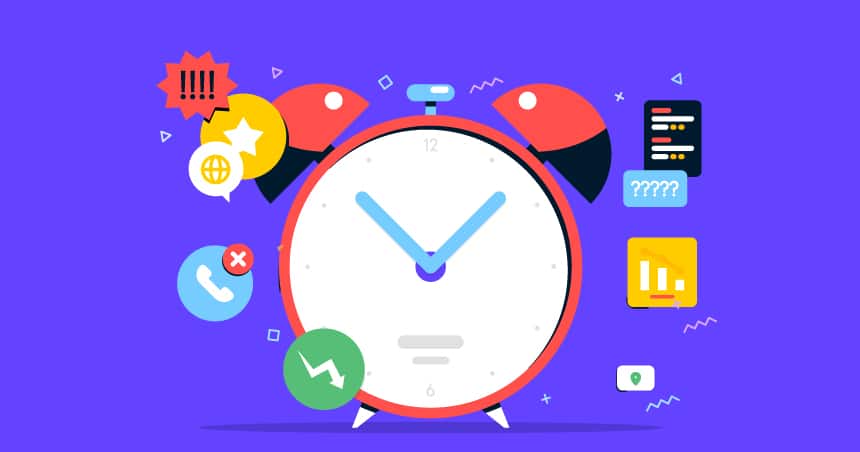 Illustration of a clock surrounded by icons representing notifications, calls, charts, and alerts.