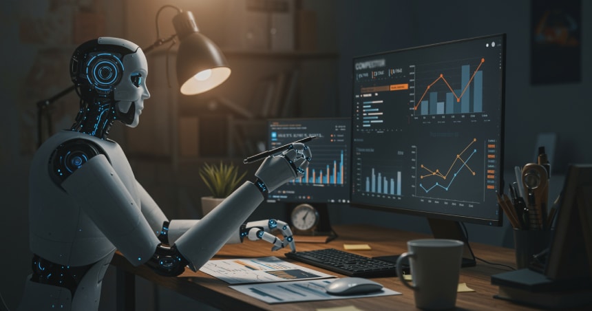 AI robot at desk reviewing charts with screen showing competitor alerts like pricing changes and product launches.