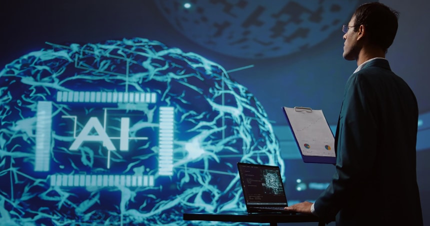 Scales balancing AI vs Human judgment OR leader guiding AI system