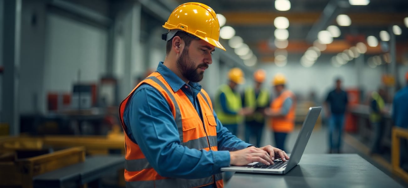 A confident industrial engineer or plant manager wearing safety gear and working on a laptop on the factory floor