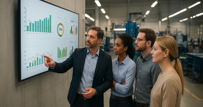 A manufacturing leader and a cross‑functional team (operations and sales) reviewing digital dashboards on the shop floor to prioritise growth initiatives