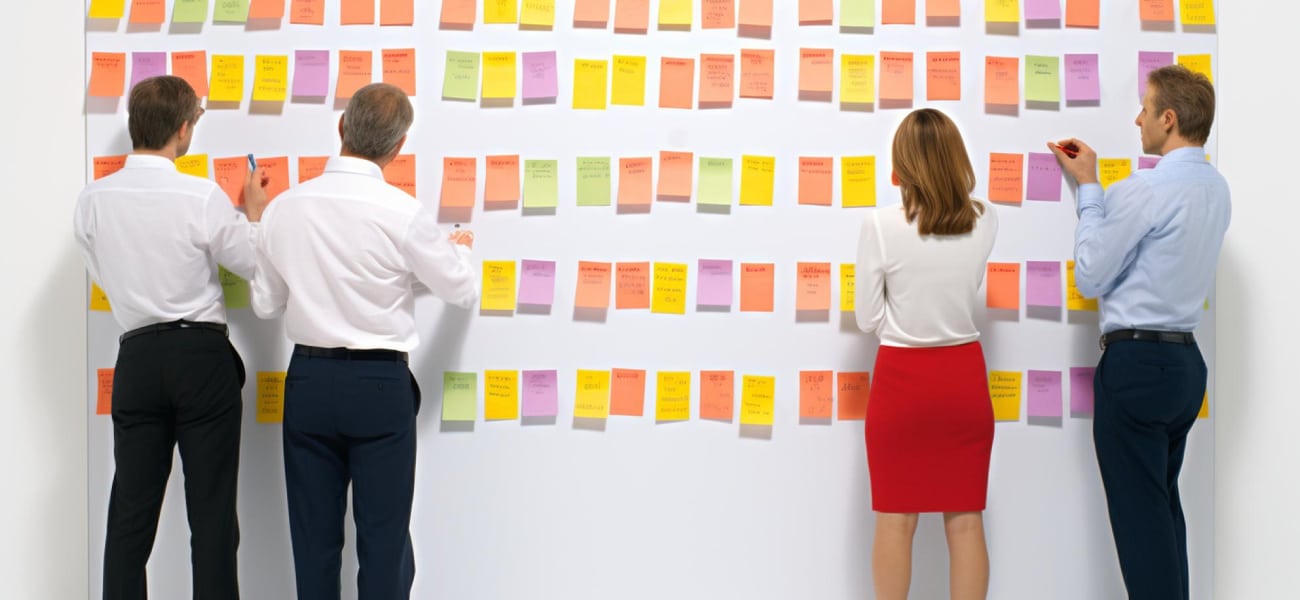 Business team building a custom growth plan using sticky notes