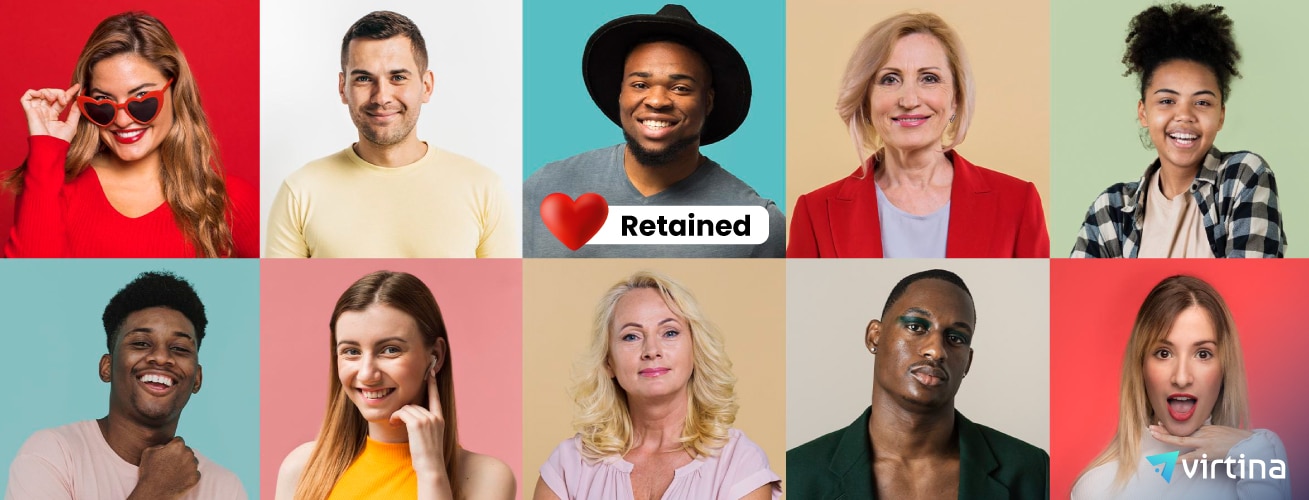 A grid of real people with a retained badge, showing features leading to loyal customers