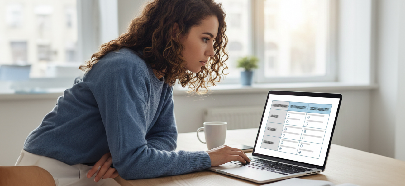 Marketing strategist reviewing a comparison table of 10 messaging frameworks on a laptop screen in a modern office setting