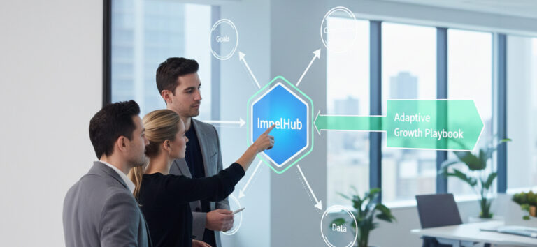 Marketing strategist reviewing the ImpelHub context engine diagram showing how goals, constraints, buyer journey, and data connect to create an adaptive growth playbook