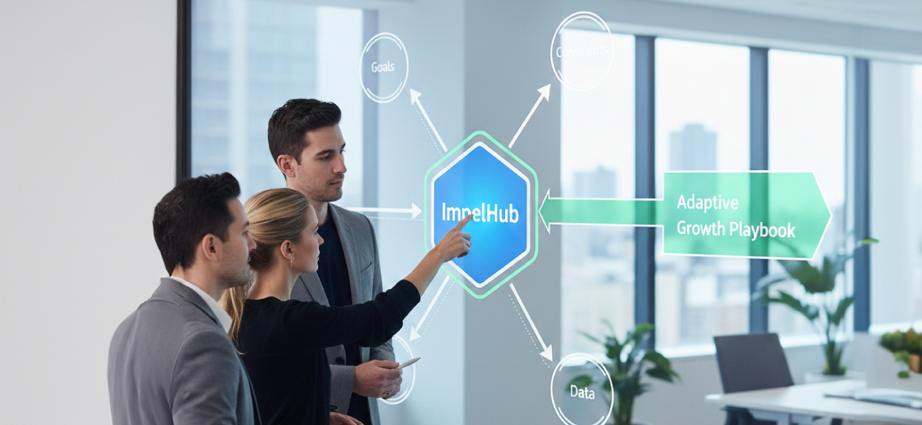Marketing strategist reviewing the ImpelHub context engine diagram showing how goals, constraints, buyer journey, and data connect to create an adaptive growth playbook