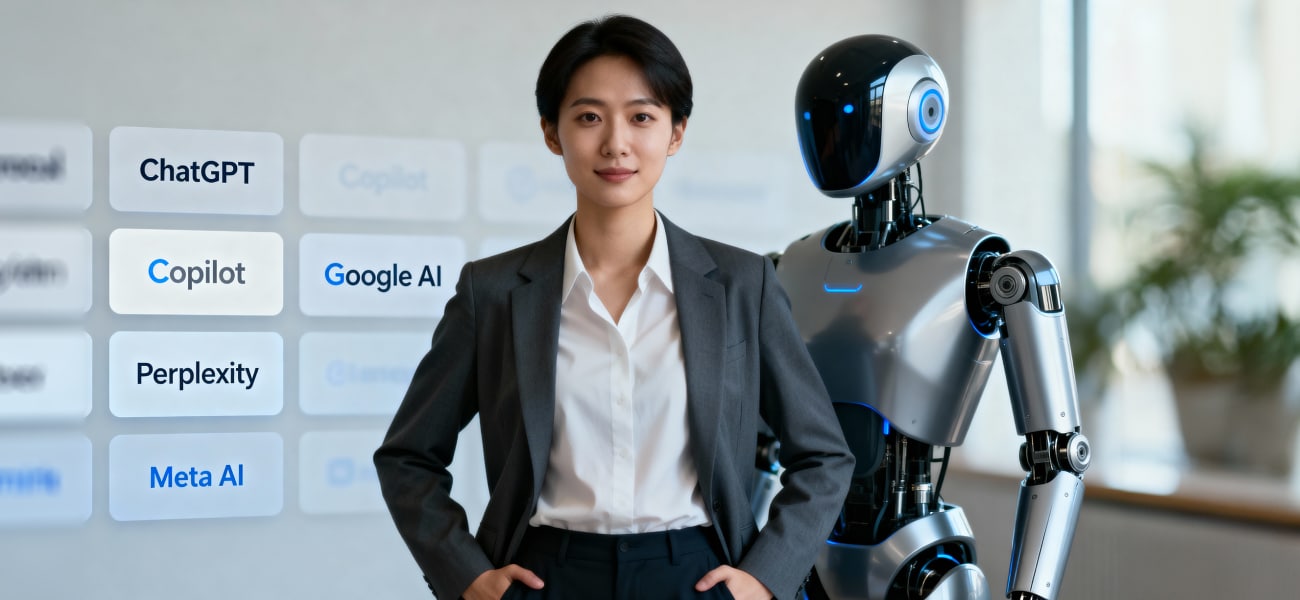 Confident business professional standing beside a modern AI robot, with blurred AI platform interfaces in the background.