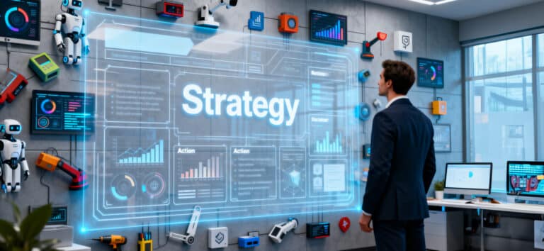 Startup leader reviewing multiple AI tools and dashboards with a clear strategy blueprint overlay.