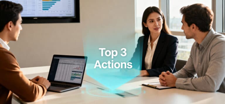 Real SME team in a meeting room, laptop or wall screen, with a subtle AI overlay showing “Top 3 Actions