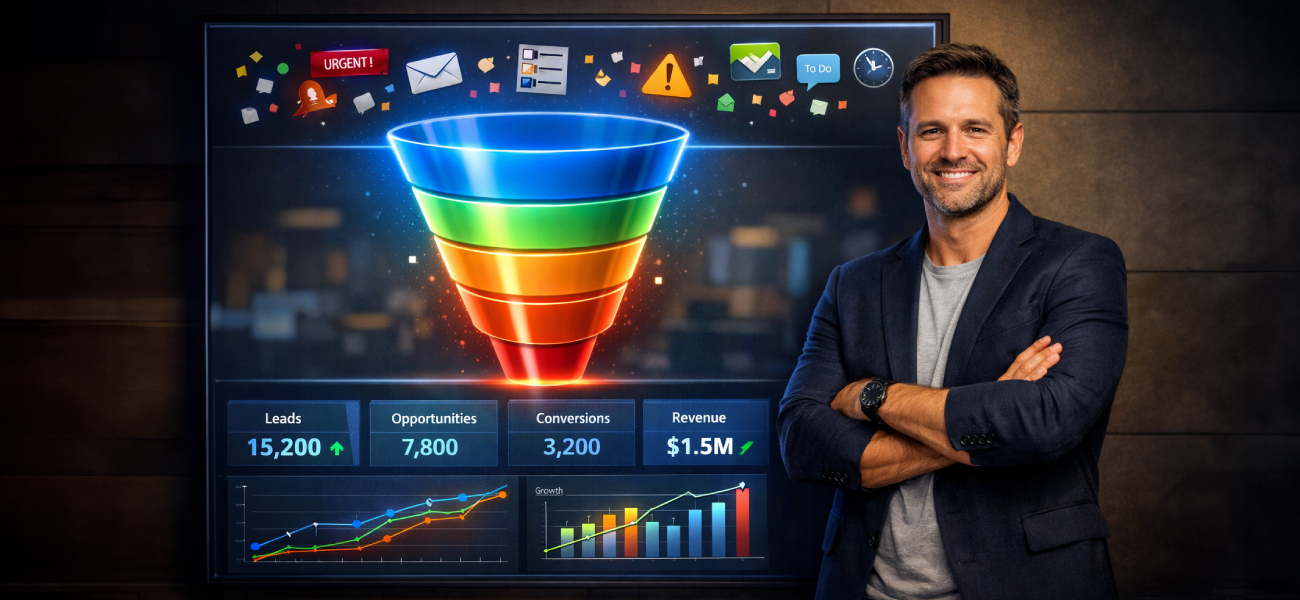 Founder beside a funnel dashboard