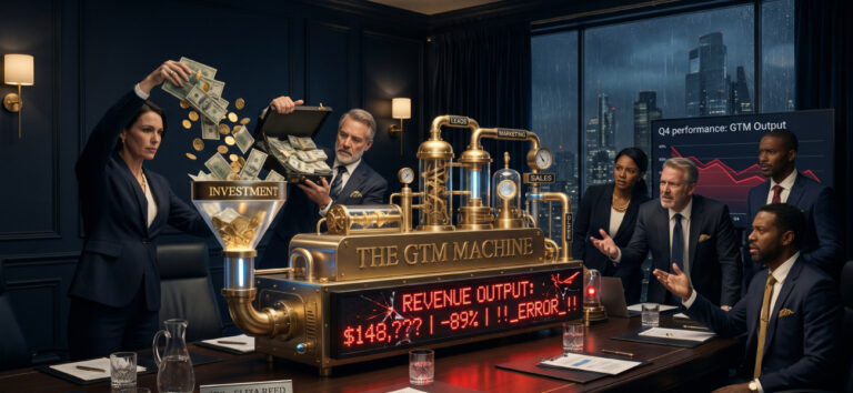 A luxury boardroom scene where executives are pouring money into a polished “GTM machine,” but the machine’s output is broken revenue numbers.