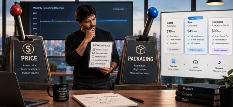 SaaS founder contemplating between price and packaging levers while holding a decision checklist, flanked by pricing tables and MRR growth charts.