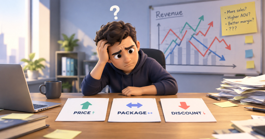 Frustrated founder sitting at a desk looking confused between options for price, package, and discount, with fluctuating revenue charts in the background.